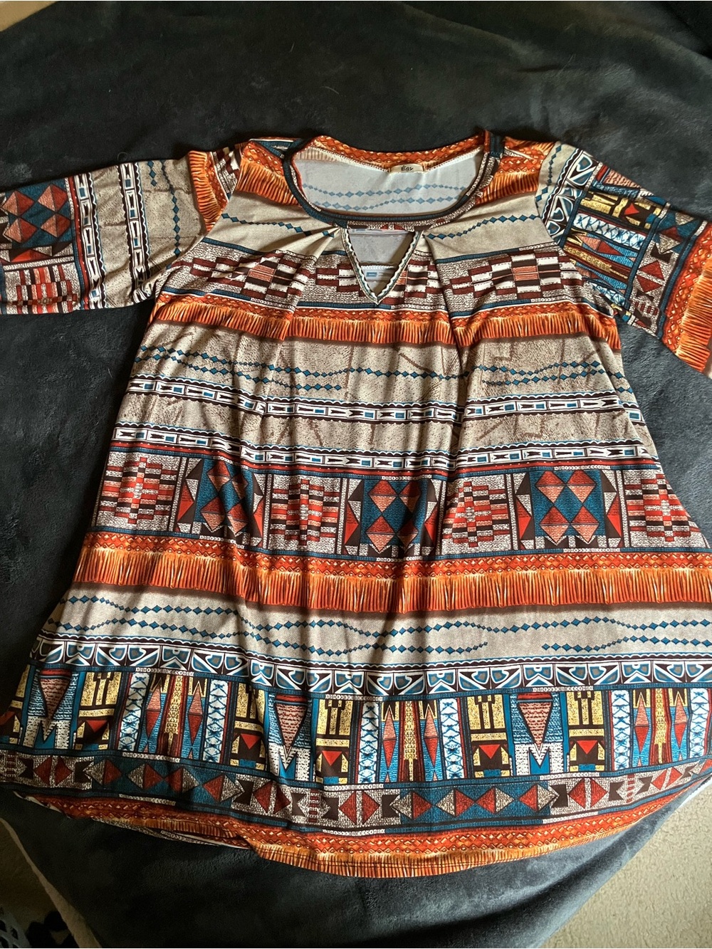 Boho Geo-Print Tunic Top in Orange, Teal, and Cream